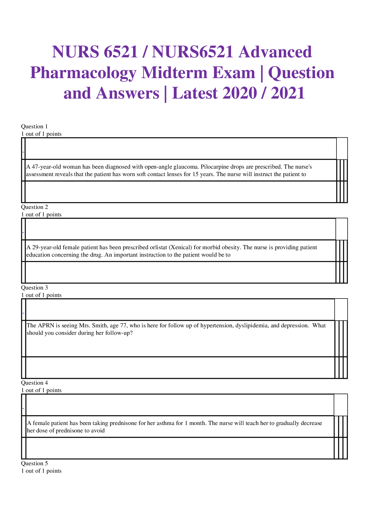 Preview of NURS 6521 / NURS6521 Advanced Pharmacology Midterm Exam | Question and Answers
